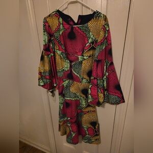 Custom African Wax Vibrant Floral Bell-Sleeve Dress in Pink & Yellow